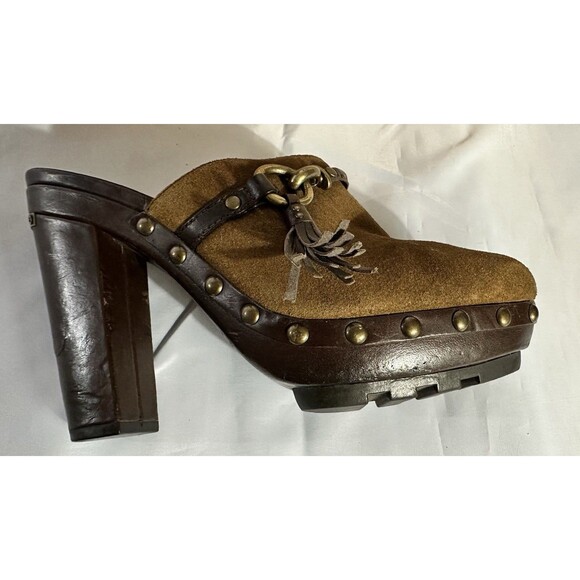 Womens Coach RANA Mules Brown Leather Suede  W/Block Heels Studs & Tassel Sz 8.5 - Picture 6 of 13